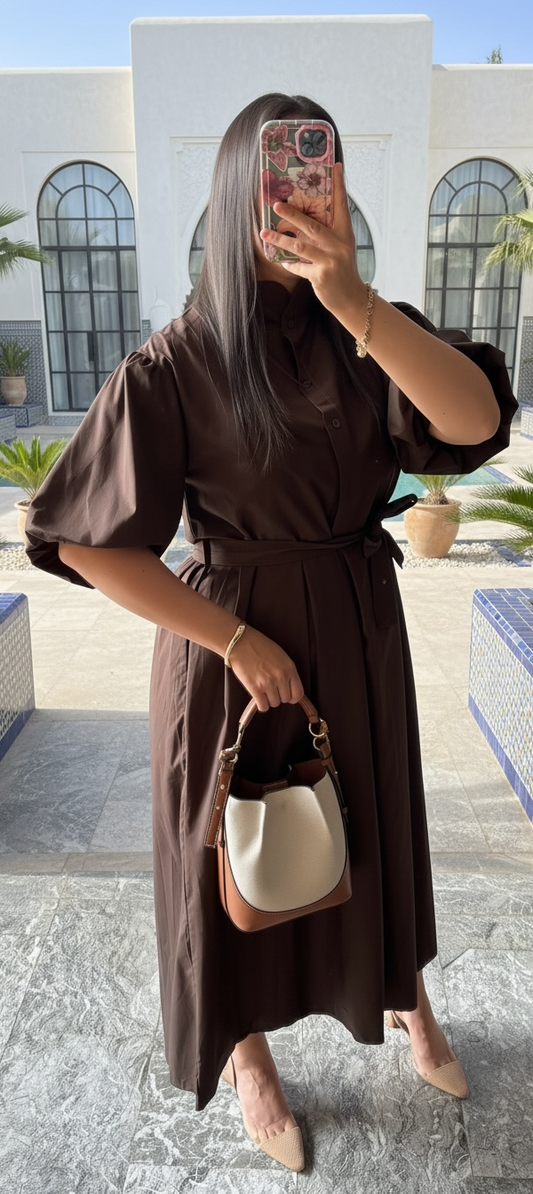 Robe longue Vany demi manche bouffante marron